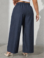 Women's Solid Color Fashion Commuter Wide-Leg Pants with Pockets - Deep Blue