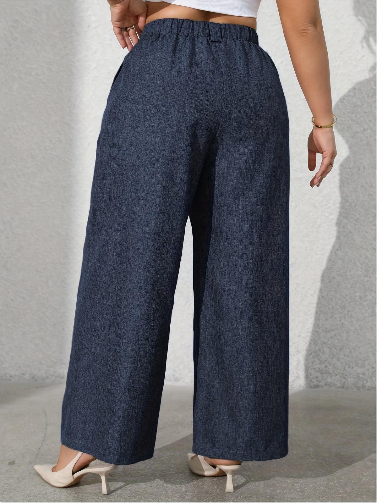Women's Solid Color Fashion Commuter Wide-Leg Pants with Pockets - Deep Blue