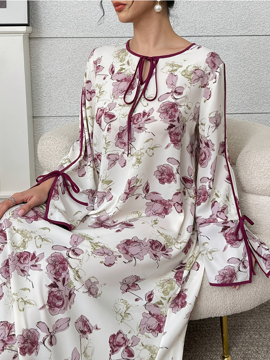 Plus Size Floral Print Lace-Up Gown with Slit and Flared Sleeves - The color of rouge