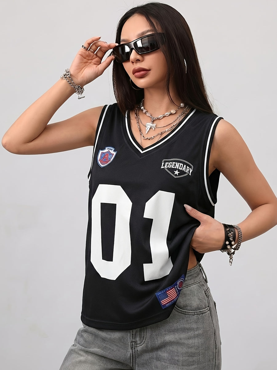 Women's Spring/Summer Street Style Breathable Mesh Digital Print Basketball Tank Top - Black