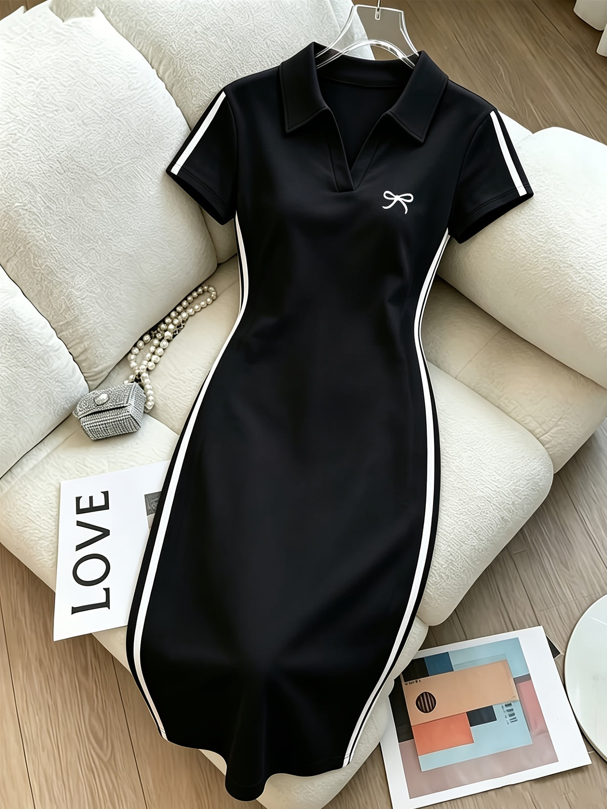 Ladies Bow Print Side Stripe Polo Collar Dress, Slim Fit Hip Wrap Dress for Summer - Black