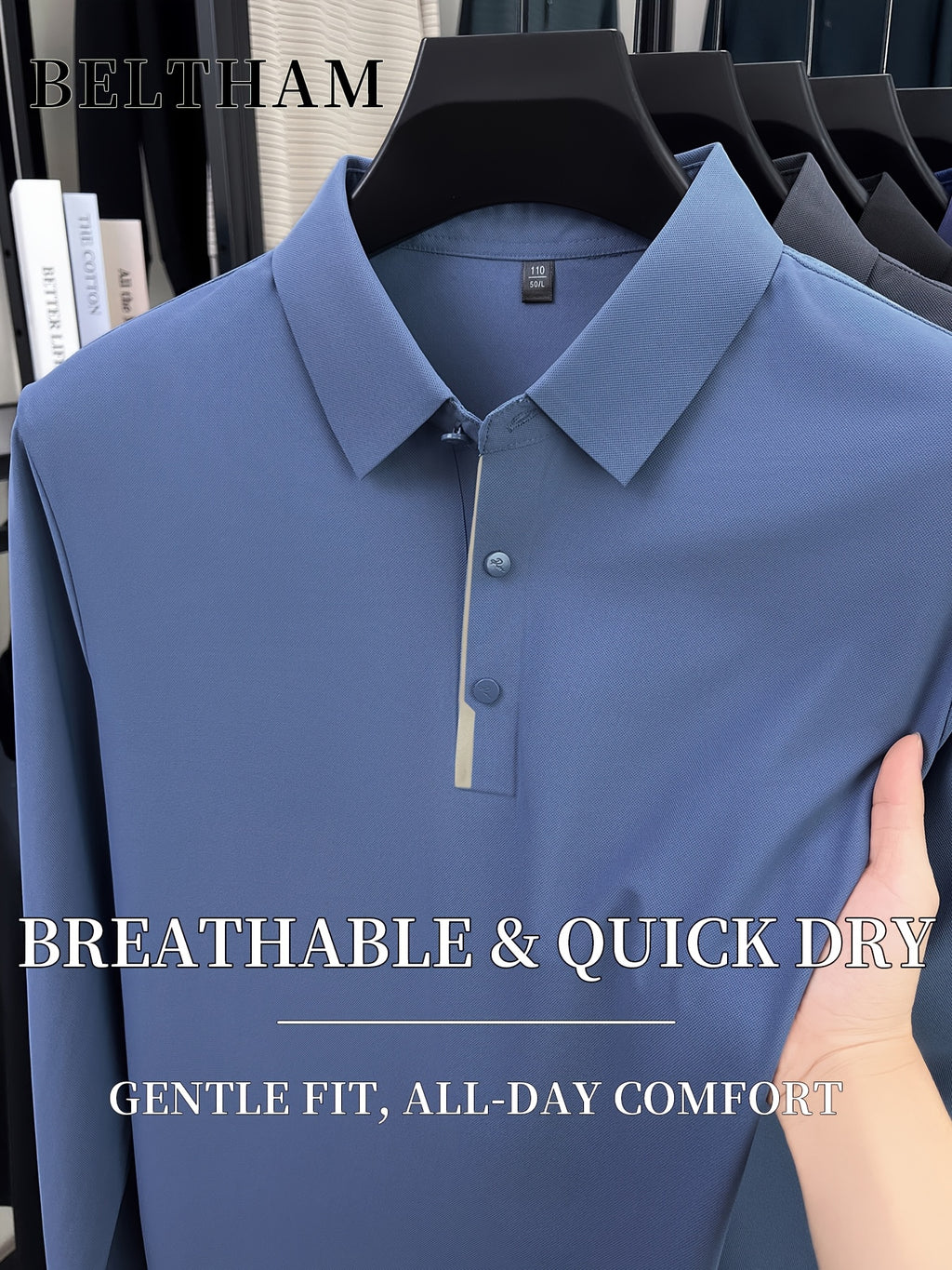 Spring Summer Autumn Men'S Long Sleeve Polo Shirt, Ice Feel Moisture Wicking Breathable Quick Dry Top, Versatile Apparel for Daily Casual Business Sports Golf Fishing Camping Outdoor Wear - Grey-blue