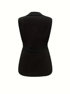 Elegant Women's Sleeveless Blazer - Stylish Solid Color Lapel Golden Double Pocket Vest, Versatile Spring/Summer/Autumn Fashion Jacket, Machine Washable Polyester Fabric, High-End Chic Style, Luxurious Appearance - Black
