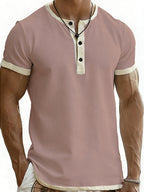 2pcs Men'S Henley Short-Sleeve T-Shirt, Slim-Fit Casual Top, Contrast Color Design, Ideal for Pool Parties, Beach Vacations, And As a Gift for Beachwear, Daily Commute, Casual, Lazy - Pink+Black