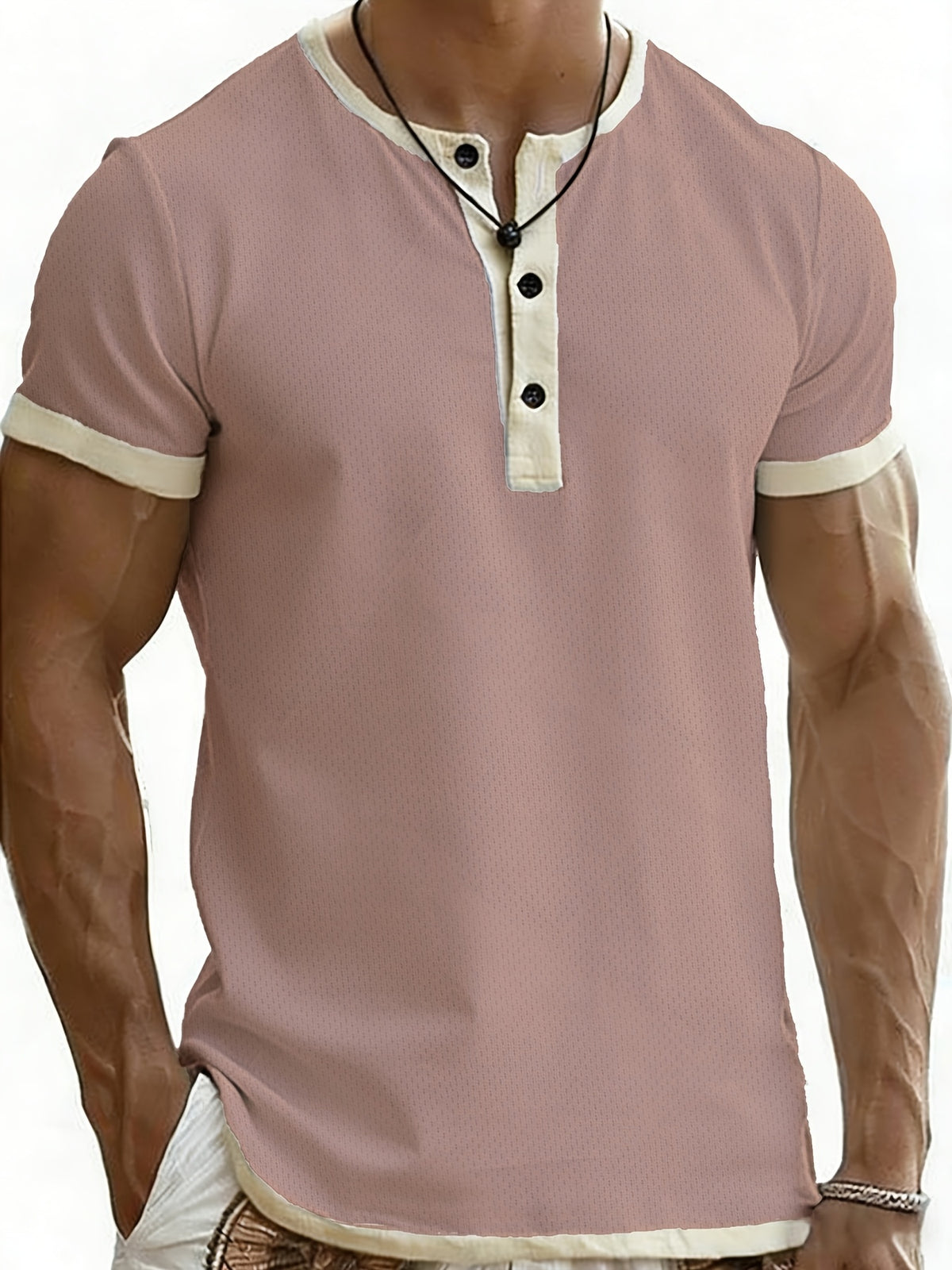 2pcs Men'S Henley Short-Sleeve T-Shirt, Slim-Fit Casual Top, Contrast Color Design, Ideal for Pool Parties, Beach Vacations, And As a Gift for Beachwear, Daily Commute, Casual, Lazy - Pink+Black