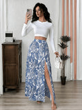 1pc Blue and White Porcelain Casual Paisley Slit Maxi Skirt for Women, High-Waist Satin Drape Vintage Print Slit Skirt - Royal Blue