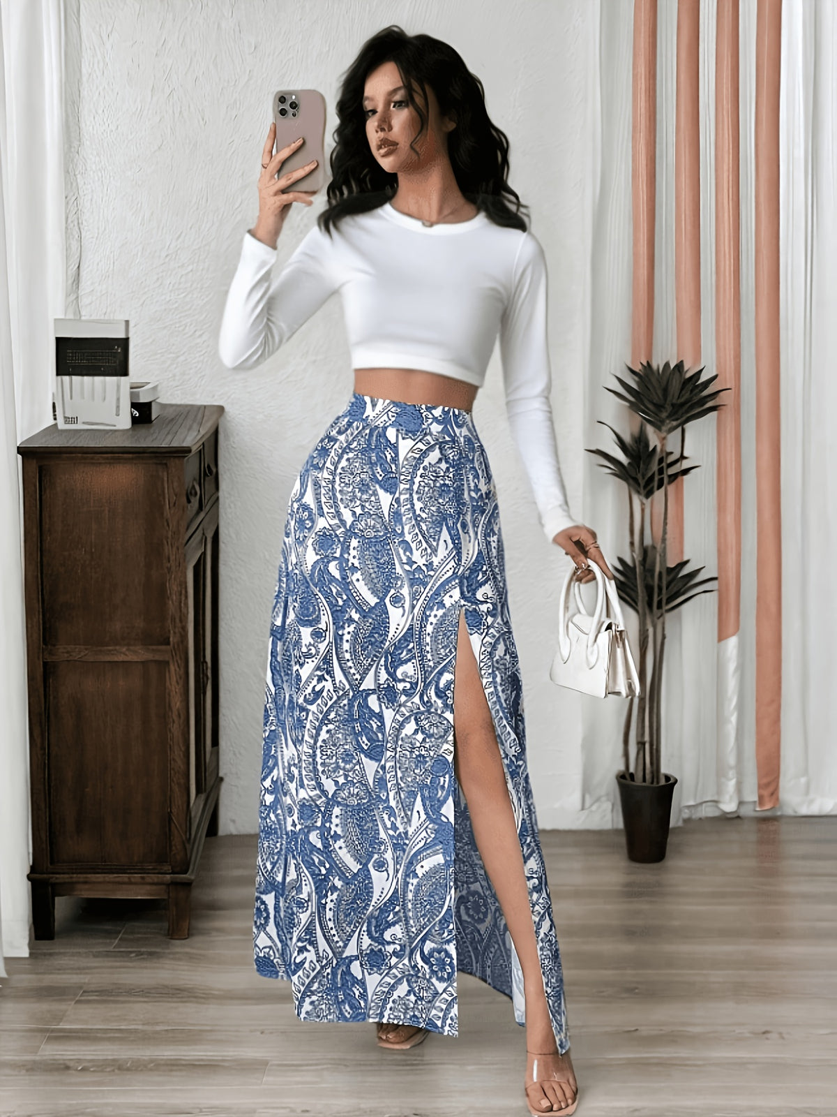 1pc Blue and White Porcelain Casual Paisley Slit Maxi Skirt for Women, High-Waist Satin Drape Vintage Print Slit Skirt - Royal Blue