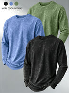 Pearson OBM Three-pc American Vintage Distressed Long-Sleeve T-Shirt, Men's Versatile Crew Neck Base Layer Top, Trendy Casual Long-Sleeve Inner Wear - Black+Green+Light Blue