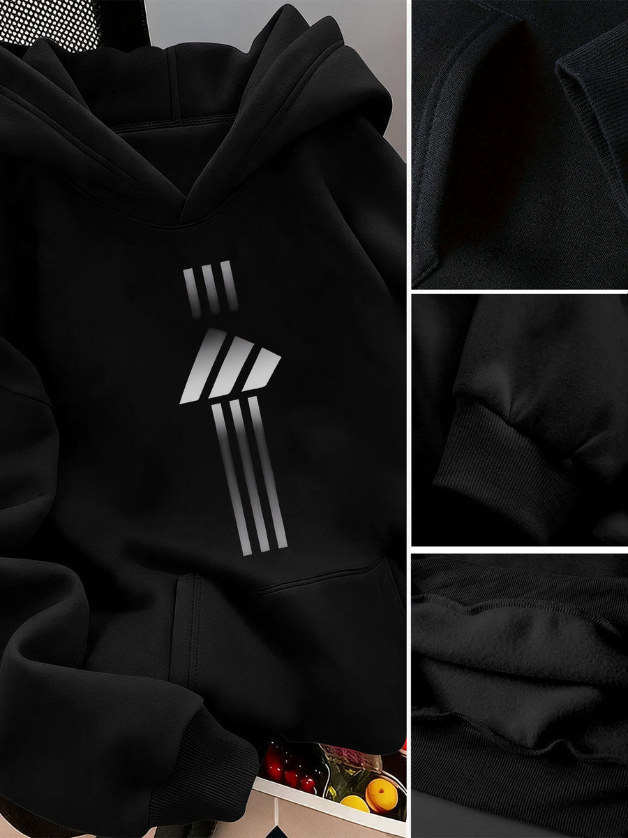 2pcs Value Pack: Stylish and Elegant Y2K Style Sportswear for Women, Suitable for Spring, Autumn, and Winter. Hooded -Lined Sweatshirt + -Lined Long Pants Set. 2pcs Outfit for Indoor and Outdoor Wear. Geometric Print Hooded Top and Long Pants Set. - Black+black