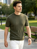 2026 Summer New Laysier And Linen Men'S Textured Vertical Pock-Dot Knit Short Sleeve Light Business Gentleman All-Match Round Neck Solid Color Casual T-Shirt - Olive Green