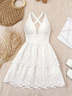 Elegant V-Neck Smocked Waist Adjustable Cross Shoulder Straps Hollow Embroidery Double Layer Cake Dress, Niannian Women'S Wear - Milky