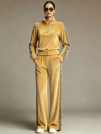 Women'S Velvet Color-Block Leopard Print Top And Wide-Leg Pants Two-Piece Set, Sport Casual Wear - Golden