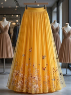 Women'S Elegant Printed Mid-Length A-Line Skirt with Layered Tulle Skirt, Suitable for All 4 Seasons - Lemon Yellow