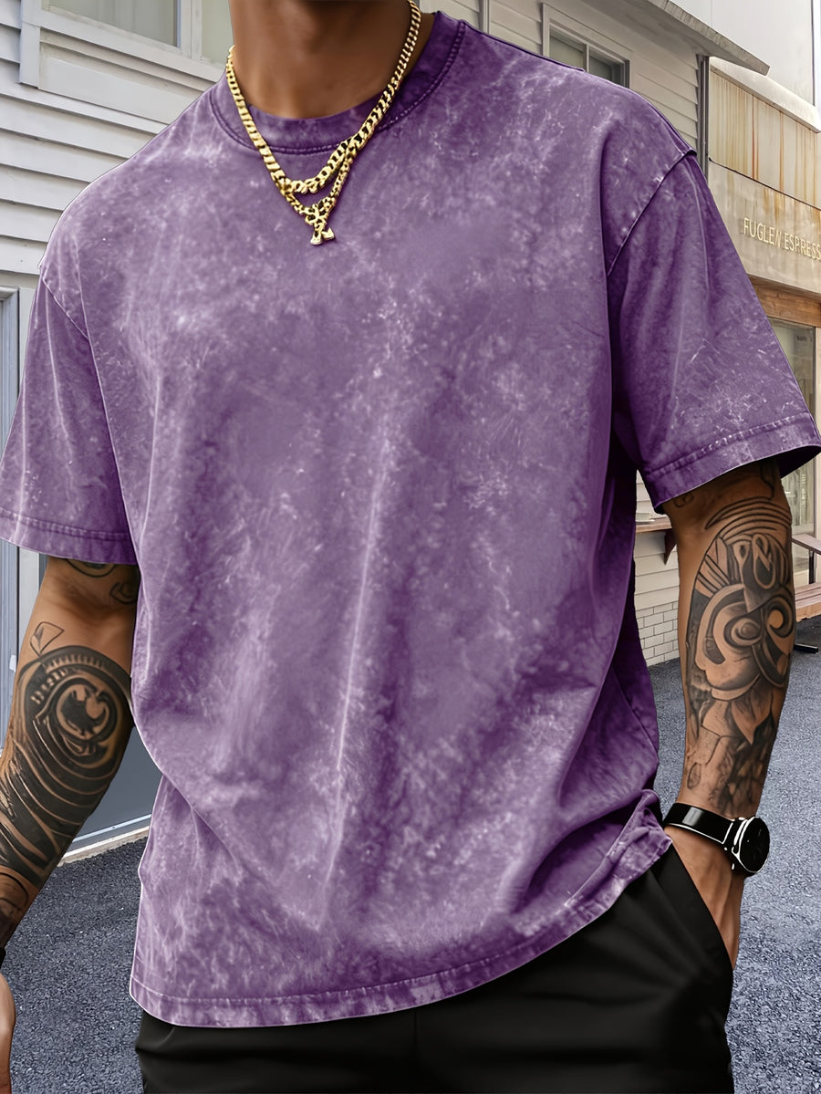 Men'S Heavyweight Short Sleeve Washed Distressed Fashion T-Shirt, Skin-Friendly And Breathable, Vintage Compass Eagle Arrow Geometric Line Print, Western High Street Hip-Hop Street Style, Pure Skin-Friendly Non-Sheer Material - Purple