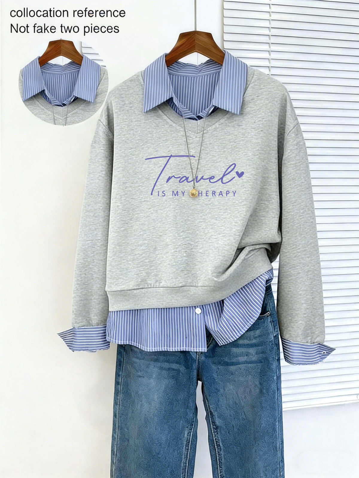 Fashion V-neck Long-sleeve Sweatshirt, Machine Washable, with Geometric Pattern, Image for Reference Only, Not a 2-in-1 Look - Light Grey
