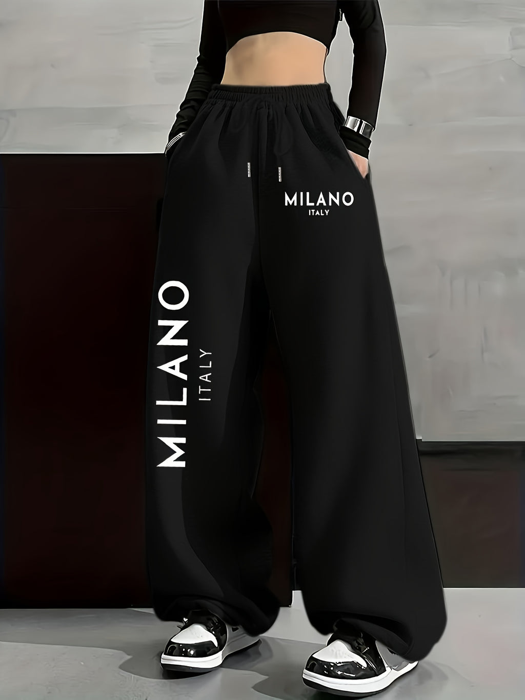 MILANO ITALY Left Large Right Small Print, Autumn Winter Fashion Casual Women's -Lined Long Pants, Solid Color Drawstring s Pants, Casual Loose Fit Sweatpants, Women's Fashion - Black