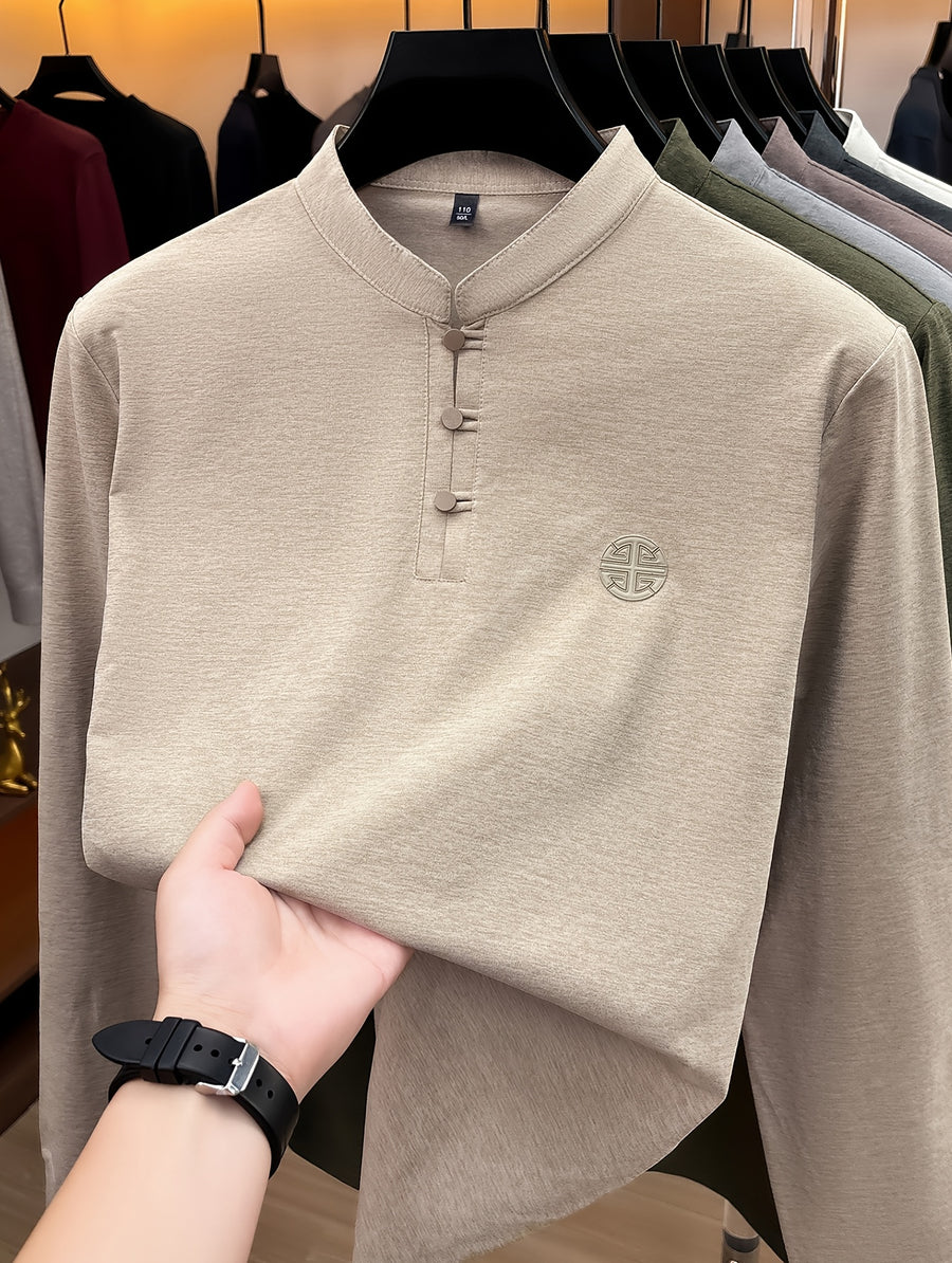 Men's Long-Sleeve T-Shirt with Chinese-Style Stand-Up Collar and Three Buttons, Spring/Autumn Fit Style Casual Base Layer Top - Khaki