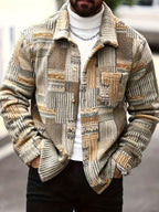 Men'S Geometric Pattern Long Sleeve Single Button Pocket Casual Jacket, Suitable for Autumn Winter Spring, Men'S Retro Style Jacket - Olive
