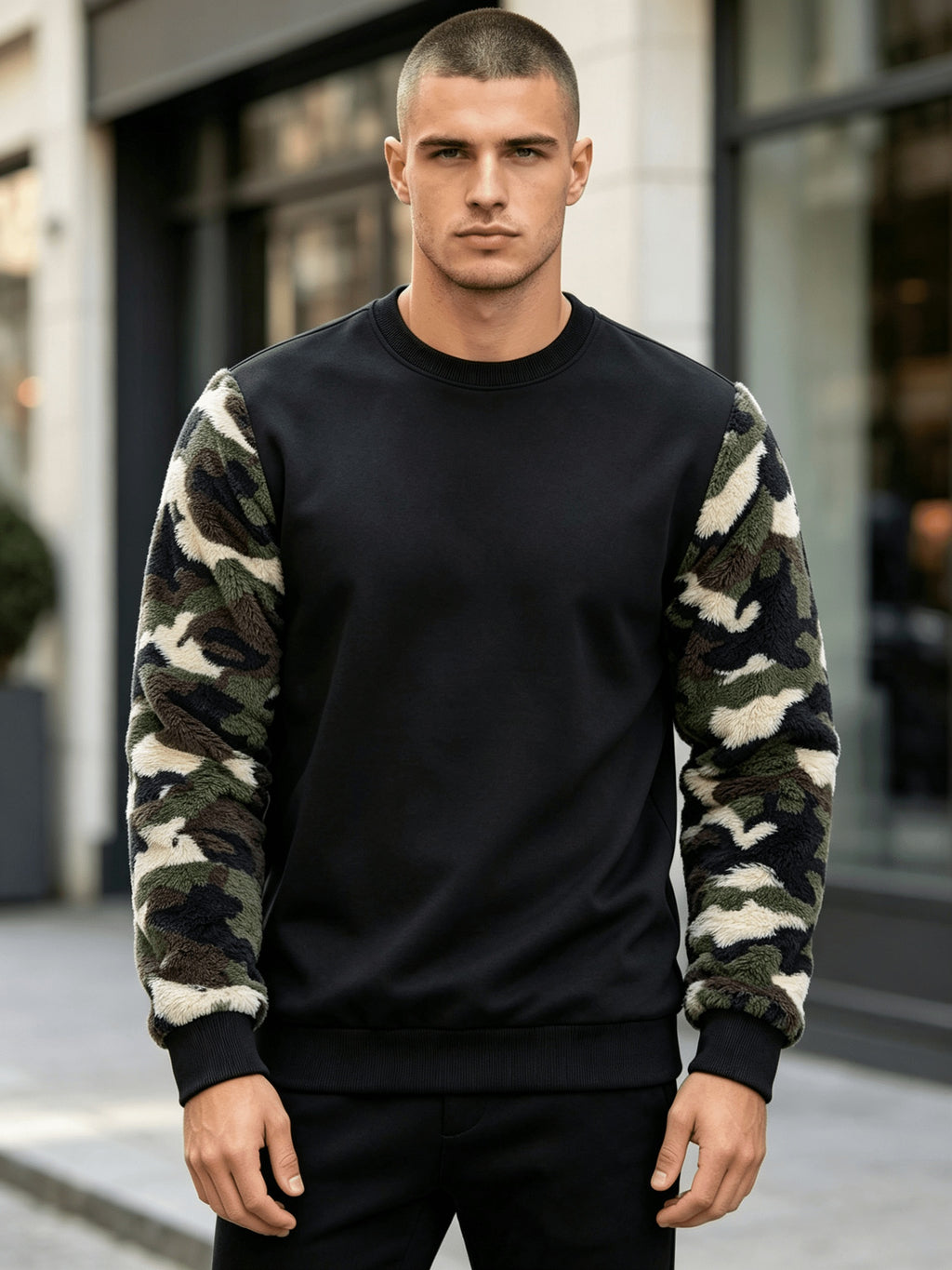 Men'S Autumn Winter Round Neck Plush Sweatshirt, Fashionable Plush Fabric Color-Block Patchwork And Solid Color Design, Wrinkle-Resistant Soft Knit Material, Very Practical. Suitable for Students' Daily Wear on Campus, Outings, Dates, Commuting - Black
