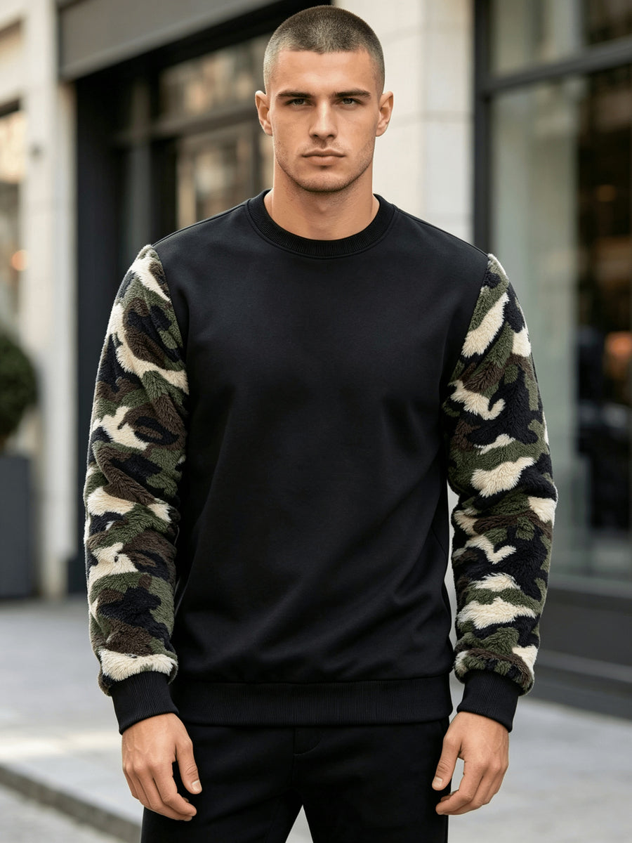 Men'S Autumn Winter Round Neck Plush Sweatshirt, Fashionable Plush Fabric Color-Block Patchwork And Solid Color Design, Wrinkle-Resistant Soft Knit Material, Very Practical. Suitable for Students' Daily Wear on Campus, Outings, Dates, Commuting - Black
