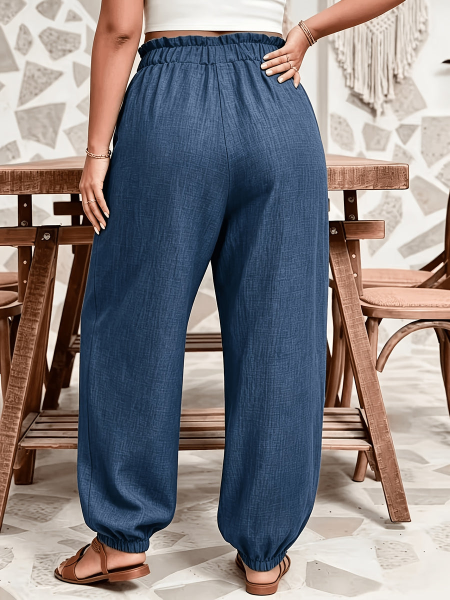 Plus Size - All Seasons Plus Size Beautiful Women'S Casual -Like Rubber High-Waist Scalloped Trim Tie-Pocket Women'S Long Pants, Casual Daily Versatile Vacation Holiday Style - Blue
