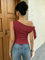BK1126075 Women's Off-Shoulder Tie-Up Sleeveless Asymmetrical Neckline Slim-Fit Summer Top - Deep Red