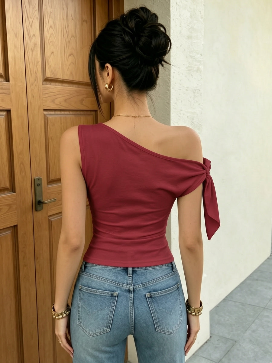 BK1126075 Women's Off-Shoulder Tie-Up Sleeveless Asymmetrical Neckline Slim-Fit Summer Top - Deep Red