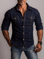 Men's Long-Sleeve Denim Shirt, New Arrival, Tough Guy Workwear Style, Double Chest Pocket Design, Versatile for Daily/Outdoor Wear, Navy Blue Denim Shirt, Handmade Shirt for Men - Navy Color