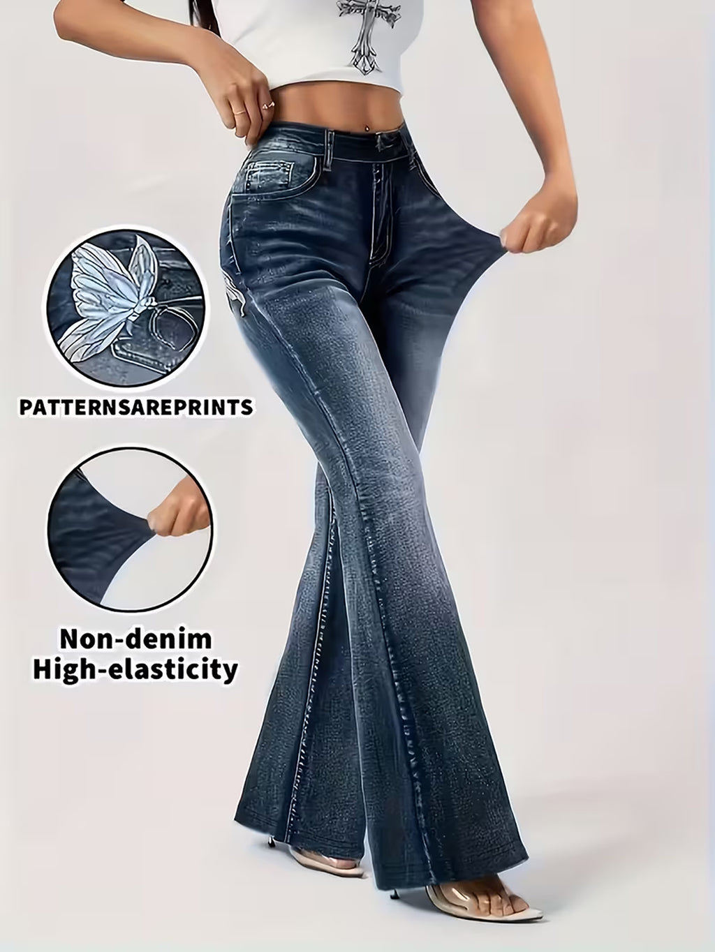 Effect Printed - Not Fabric Butterfly Print Flare Pants, High-Waist Stretchy Slim Fit, European and American Hot Style Leg-Lengthening Trousers - Navy Color