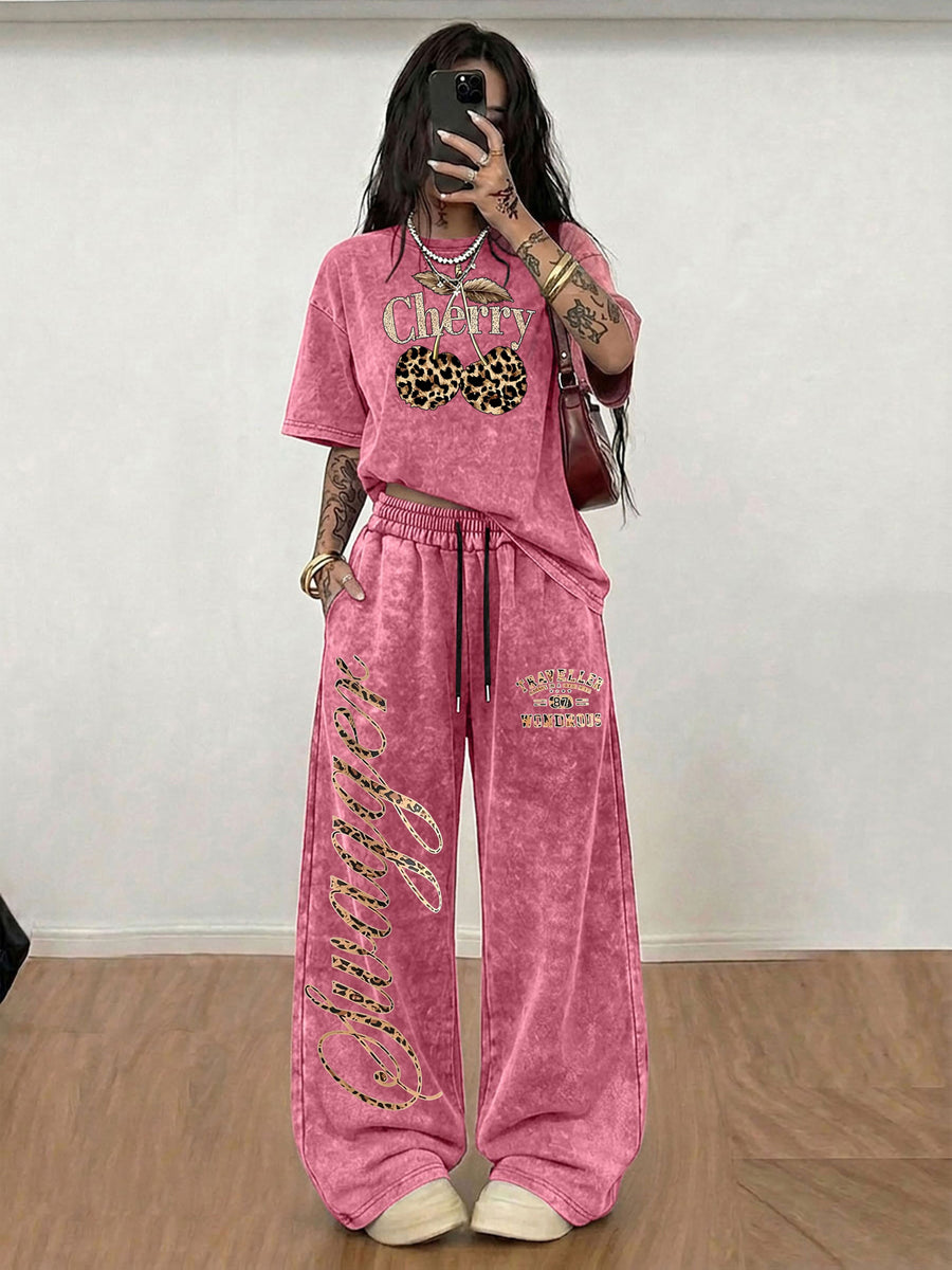 New Spring/Summer Casual Jersey Sportswear Set with Trendy Leopard Print and Cherry Print, Street Sport Style Crew Neck Short Sleeve T-Shirt and Long Pants 2pcs Set, Washed Outfit, American Street Academia Style - Red