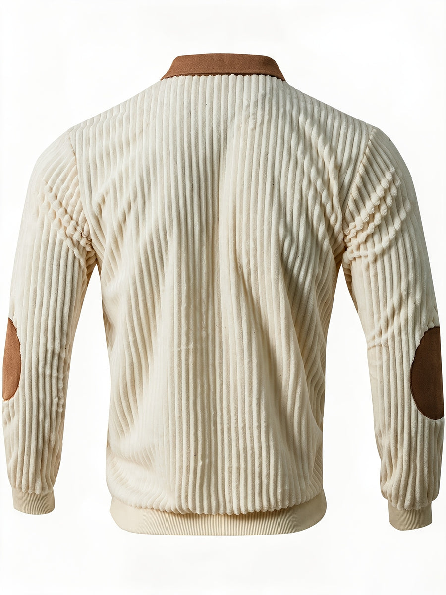 [Pearson OBM] Contrast Collar Half-Zipper Men'S Vertical Striped Long Sleeve Knit Sweater, Elbow Patch Casual Elastic Slim Commute All-Match Fall Top - Khaki