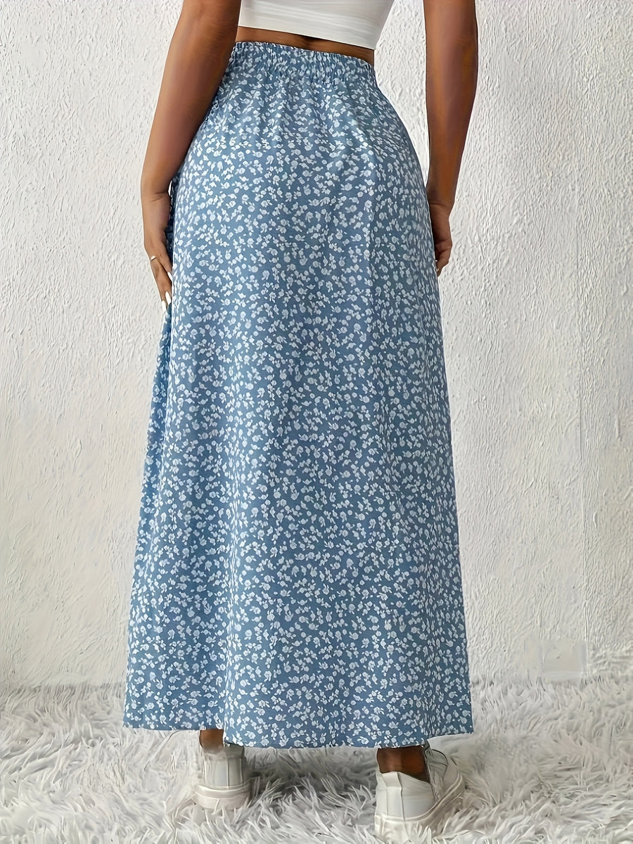 Small Floral Fresh Temperament Cinched Slit Midi Skirt - Sky Blue