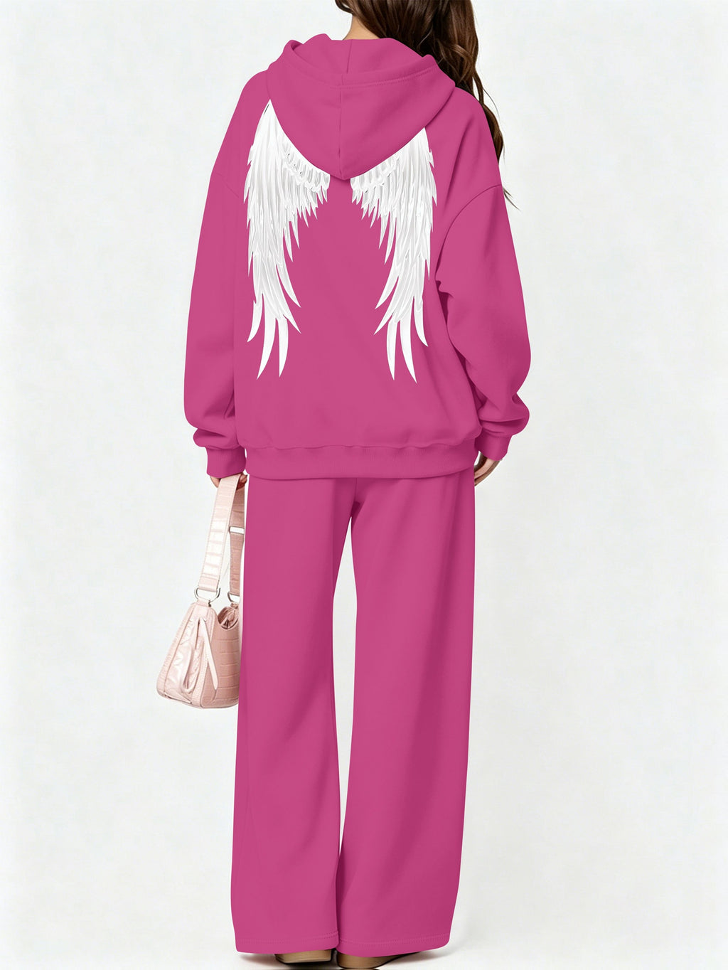 Halloween 2027NEW 2pcs Women's AutumnWinter Hooded Sweatshirt And Wide-Leg Pants Suit Kangaroo Pocket Long-Sleeve Jacket Wide-Leg Pants Suit Casual S Loose Suit Christmas Black Friday Cyber (27) - Rose Red Color