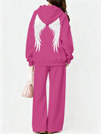 Halloween 2027NEW 2pcs Women's AutumnWinter Hooded Sweatshirt And Wide-Leg Pants Suit Kangaroo Pocket Long-Sleeve Jacket Wide-Leg Pants Suit Casual S Loose Suit Christmas Black Friday Cyber (27) - Rose Red Color