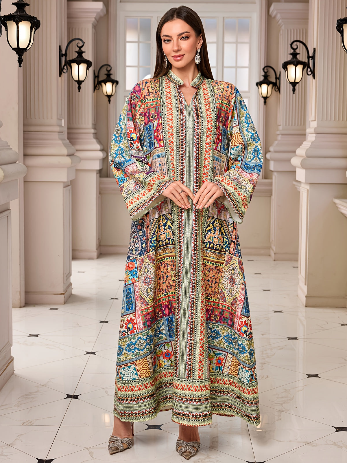 During Ramadan, Middle Eastern Muslims Wear a New Style of Long Robe Featuring a Patchwork of Colors, Traditional Prints, a Loose Fit, a V-Neck, And Long Sleeves, Suitable for Casual And Festive Occasions - Multicolor