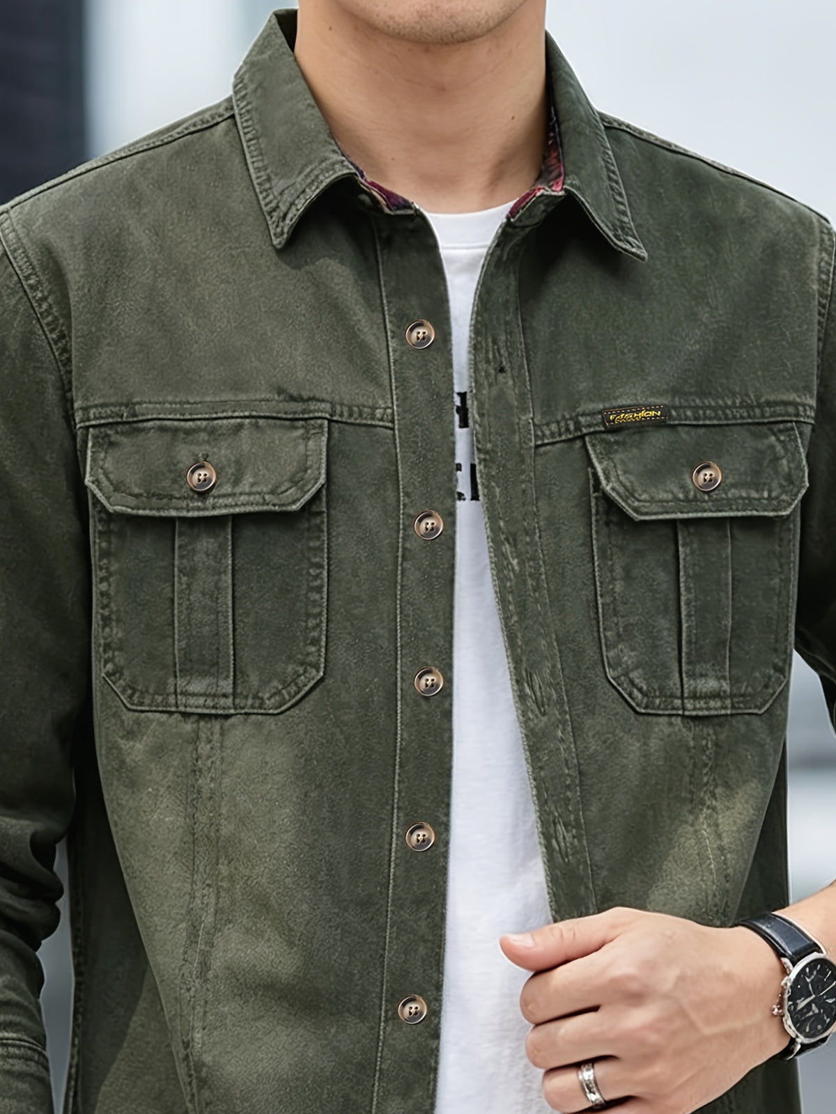 2026 Hot Item All-Season Japanese Military Green Men'S Long Sleeve Denim Shirt Trendy Versatile Denim Shirt - Military Green