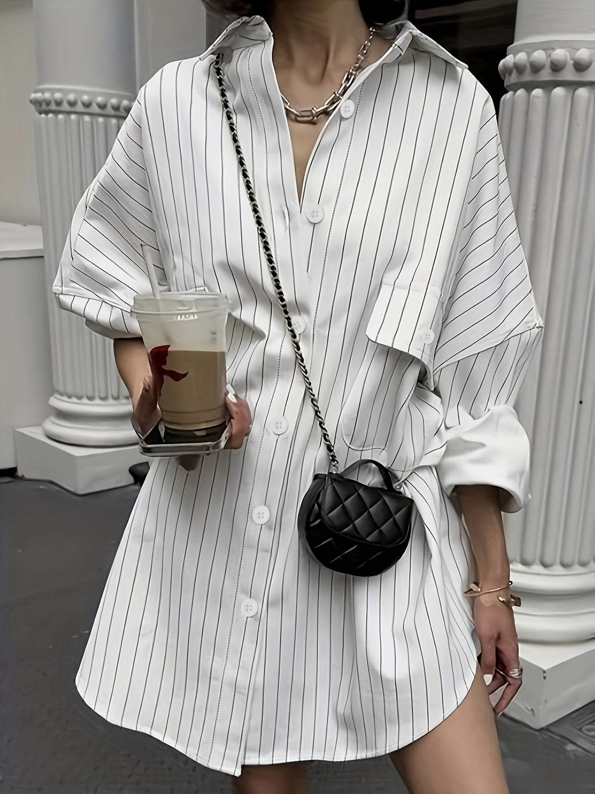 Women'S Shirt, Oversized Loose Casual Pocket Long Sleeve Shirt, Casual Wear - White