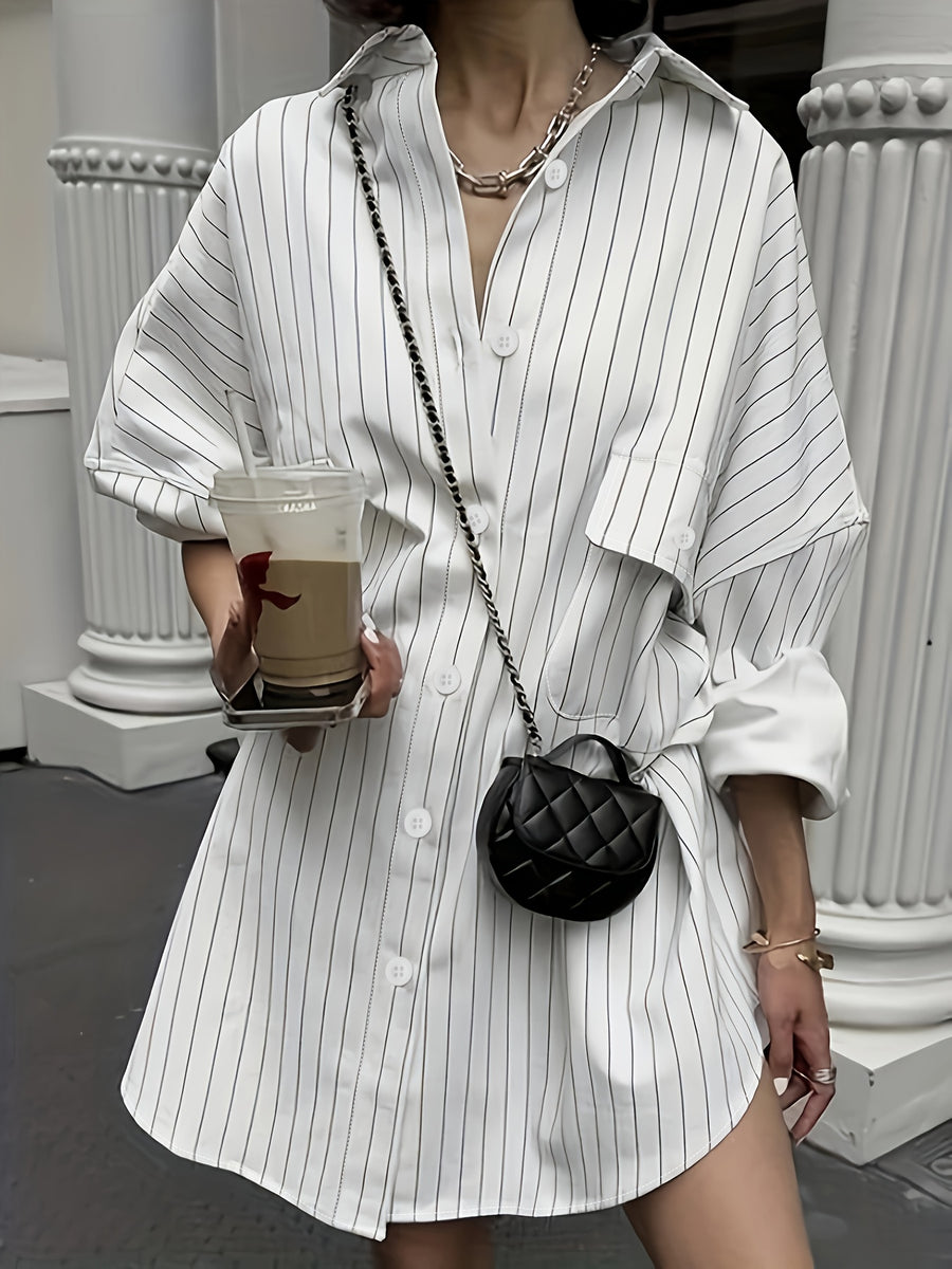 Women'S Shirt, Oversized Loose Casual Pocket Long Sleeve Shirt, Casual Wear - White