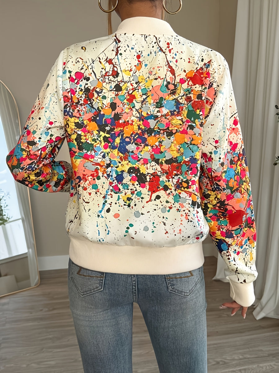 Women'S Lightweight Casual Jacket - Vibrant Tie-Dye Print, Stand Collar, Zip-Up, Long Sleeve, Perfect for Spring/Fall, Spring Jacket | Vibrant Print Jacket | Zippered Jacket - Apricot