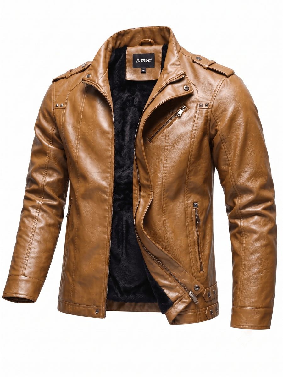 Men's PU PU Leather Biker Jacket with Warm Plush Lining, Stand Collar, Asymmetrical Zip Front, Multiple Zipper Pockets, Shoulder Tabs and Stud Accents for Fall/Winter Commuting, Travel, Streetwear, Dating and Daily Wear - Khaki