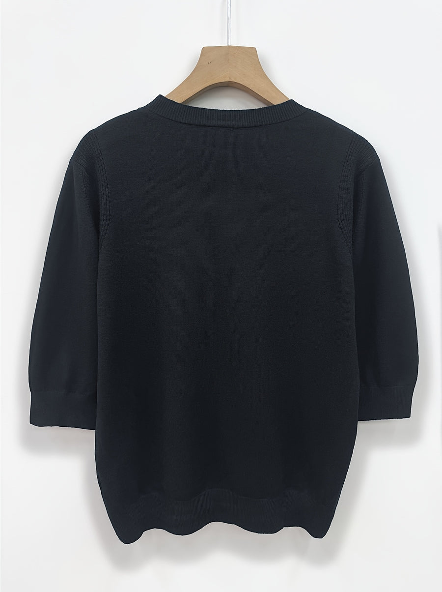 Fine Round Neck Mid-Sleeve Sweater Women'S Spring Autumn New Vintage Elegant Top Short Sleeve Base Layer - Black
