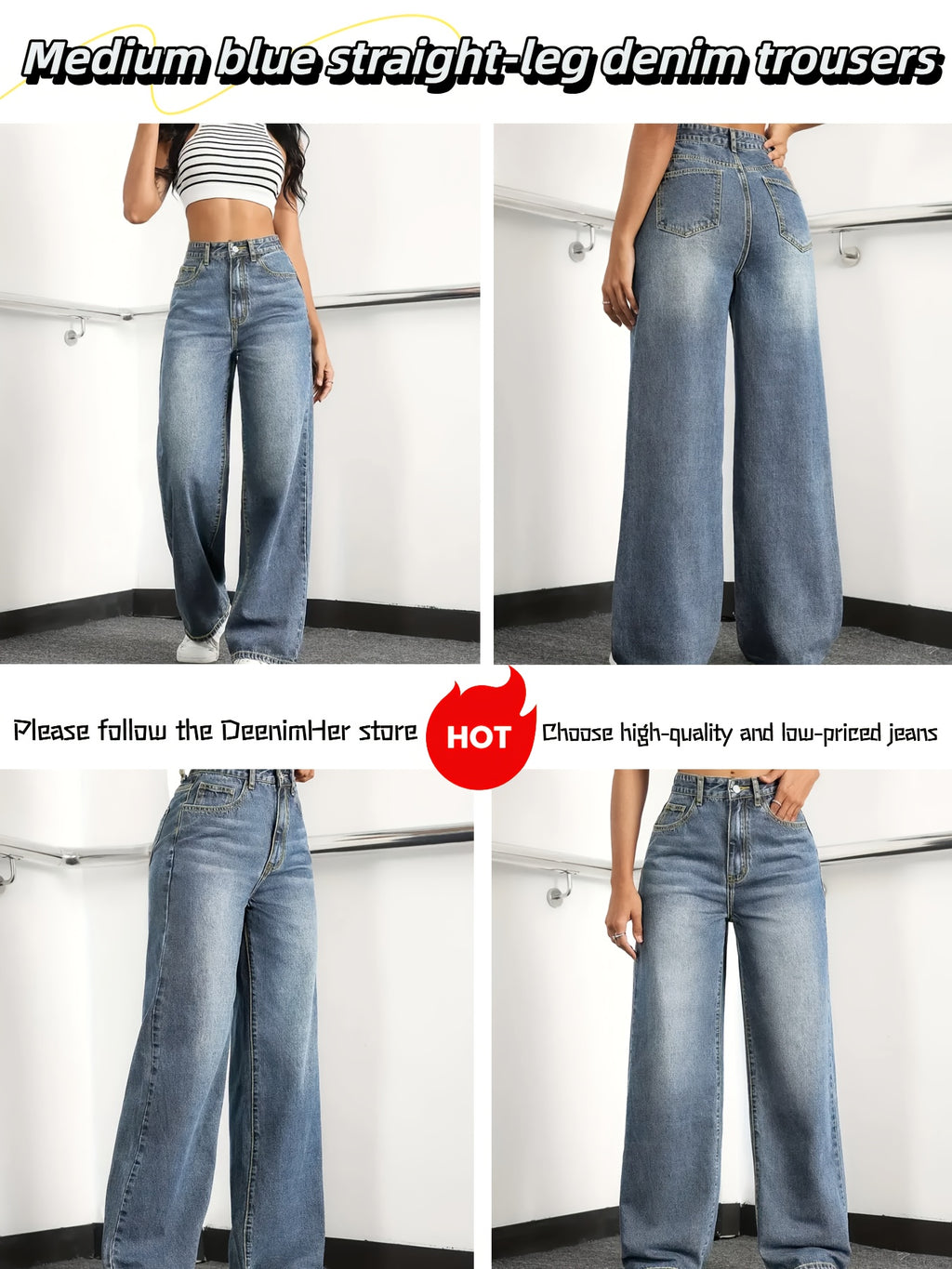 A Pair of High-waisted Wide-leg Jeans - Casual Style, Solid Color, Medium Elasticity, Button Details, All-season Trousers - Soft and Comfortable Fabric - Suitable for Wearing in Various Scenarios Such as Shopping, Traveling, Campus, Home, and Dates - Medium Blue