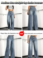 A Pair of High-waisted Wide-leg Jeans - Casual Style, Solid Color, Medium Elasticity, Button Details, All-season Trousers - Soft and Comfortable Fabric - Suitable for Wearing in Various Scenarios Such as Shopping, Traveling, Campus, Home, and Dates - Medium Blue