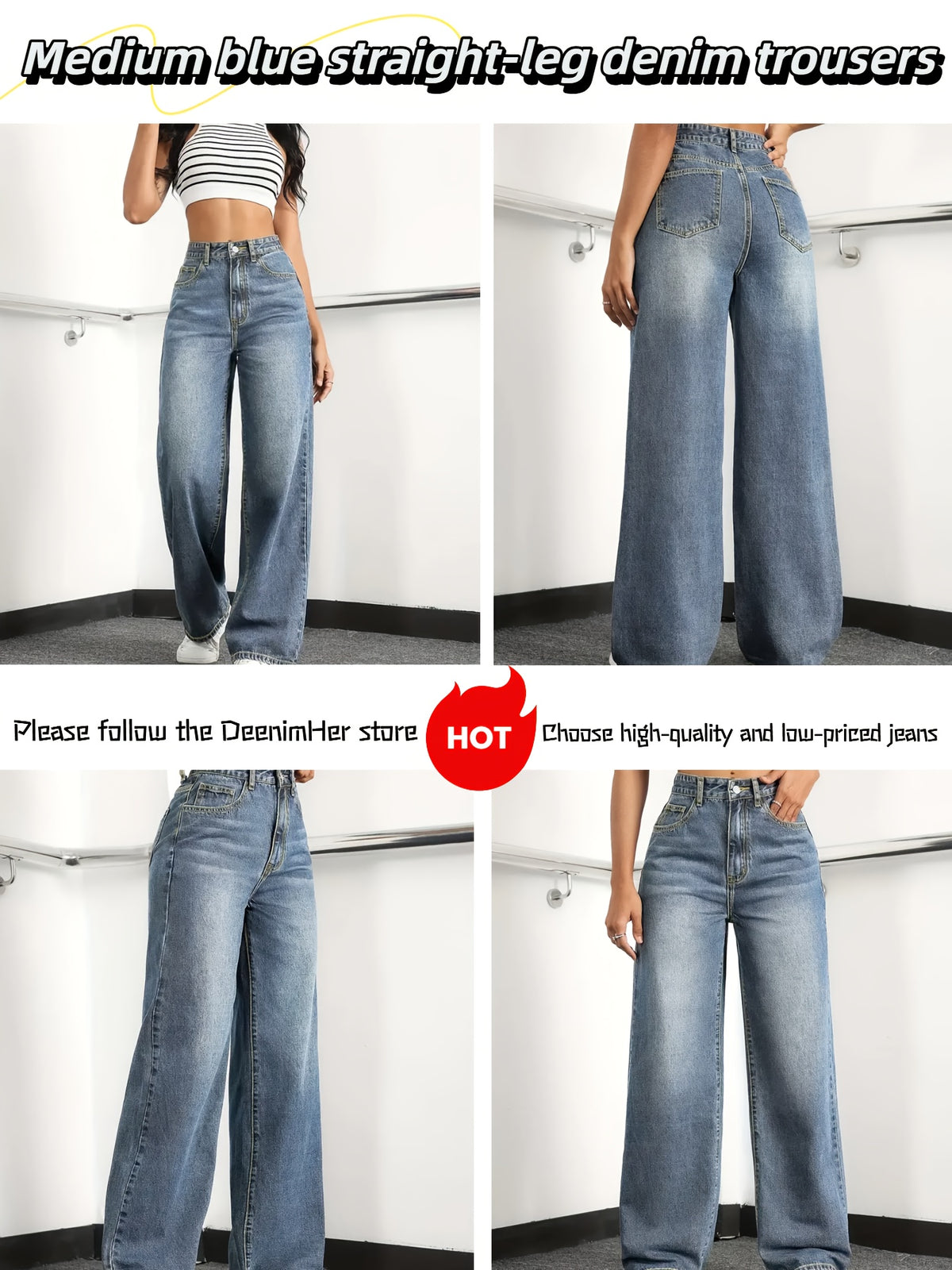 A Pair of High-waisted Wide-leg Jeans - Casual Style, Solid Color, Medium Elasticity, Button Details, All-season Trousers - Soft and Comfortable Fabric - Suitable for Wearing in Various Scenarios Such as Shopping, Traveling, Campus, Home, and Dates - Medium Blue