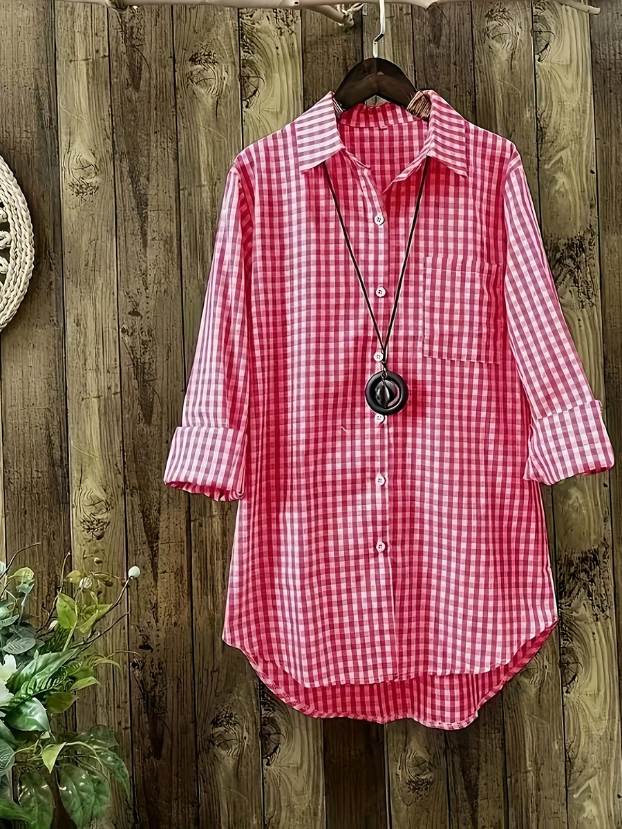 Women'S Spring Summer Casual Retro Commuter Long Sleeve Plaid Shirt - Red