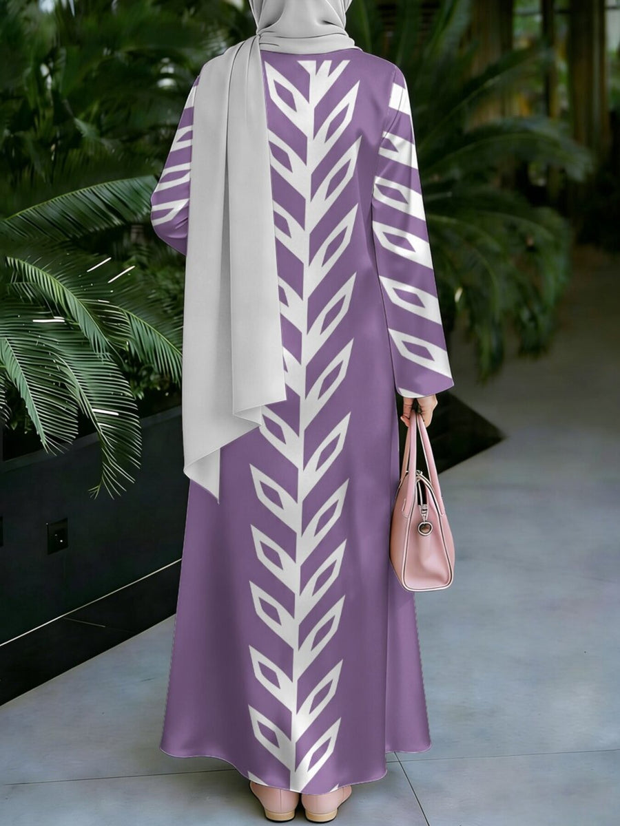 Women's Middle Eastern Style Elegant Muslim Robe, Purple Geometric Leaf Print Muslim Long Dress, Loose A-Line Long Sleeve Fit, for Home, Prayer, Outings, and Banquets, Smooth Wrinkle-Resistant Fabric, Non-Embroidered, Vintage-Inspired Sophisticated - Mixed colors