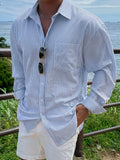 Men's Solid Color Striped Long-sleeve Shirt with Pocket, Casual Top Featuring a Lapel Collar Design and a Loose Fit, Suitable for Spring, Summer, and Autumn Wear. An Ideal Gift Choice for Boyfriends and Husbands - Light Blue