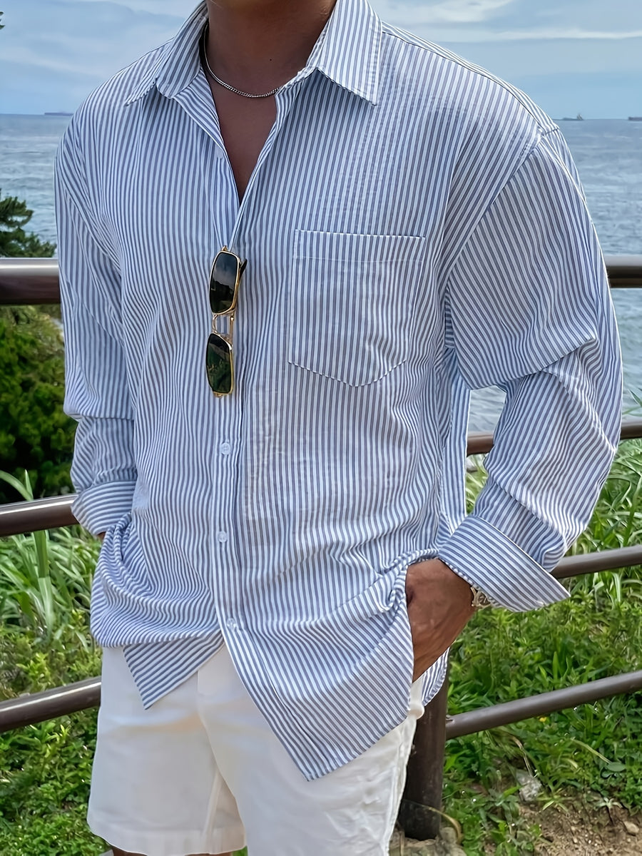 Men's Solid Color Striped Long-sleeve Shirt with Pocket, Casual Top Featuring a Lapel Collar Design and a Loose Fit, Suitable for Spring, Summer, and Autumn Wear. An Ideal Gift Choice for Boyfriends and Husbands - Light Blue
