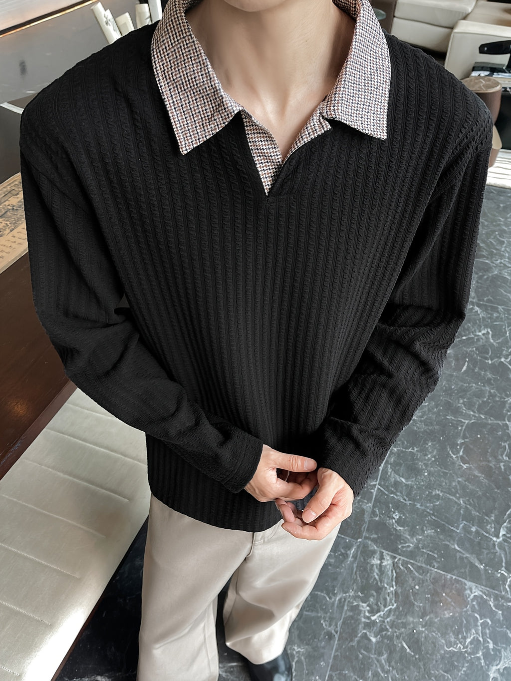 Men'S Casual Athletic T-Shirt, 1pc Men'S Fashion Trendy Casual Patchwork Lapel Long Sleeve T-Shirt, Loose Fit, Comfortable Textured Elastic Fabric, Suitable for Daily Casual Wear - Black