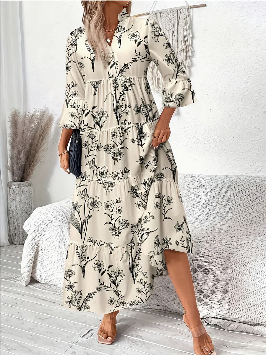 Directional Floral Print V-Neck Pleated Long-Sleeve Dress - Khaki